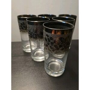 6 Dorothy Thorpe Queens Luster High Ball Glasses Silver Ombre Grapevine Leaf MCM